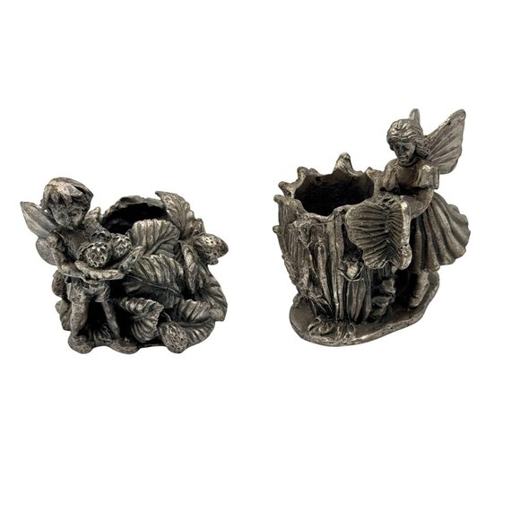 Candlestick Holder Pewter Fairies Set of 2 Butterflies Flowers Vintage Taiwan - Picture 1 of 12